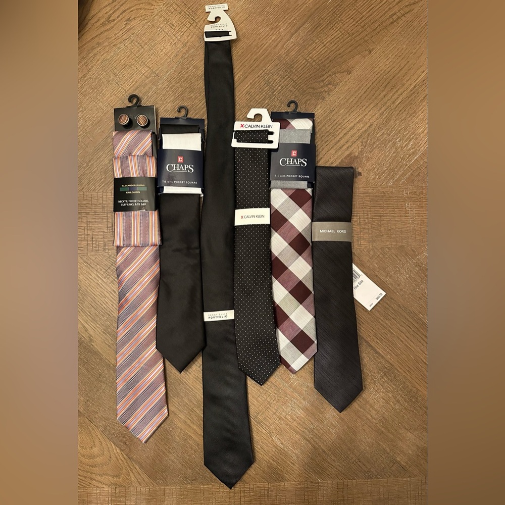 BULK MENS TIES- 6 Brand NWT, Michael Kors, Calvin Klein, Chaps, Perry Ellis & AJ